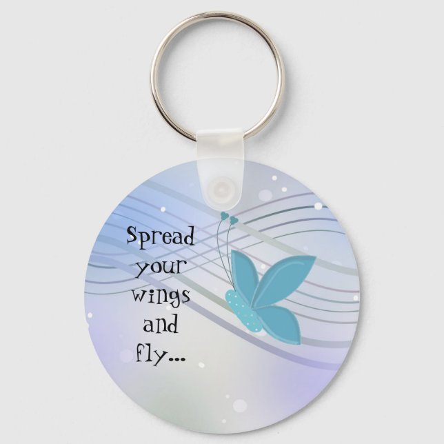 Blue Butterfly on Ribbon Swirls Keychain (Front)