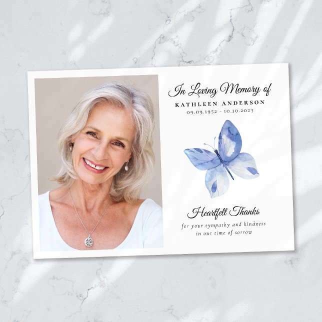 Blue Butterfly Photo Funeral Memorial Thank You Card (Creator Uploaded)
