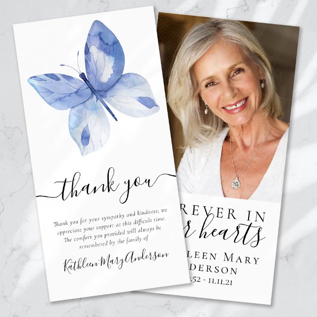 Blue Butterfly Photo Funeral Thank You Card (Creator Uploaded)