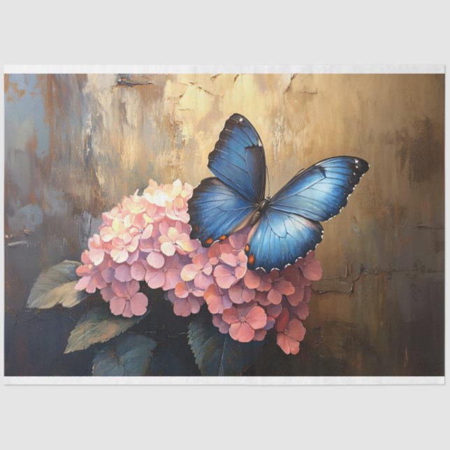 Blue Butterfly Pink Blooms Decoupage Tissue Paper (Front)