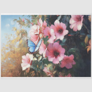 Blue Butterfly Pink Flowers Painting Decoupage Tissue Paper