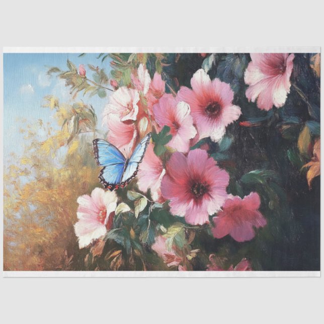Blue Butterfly Pink Flowers Painting Decoupage Tissue Paper (Front)