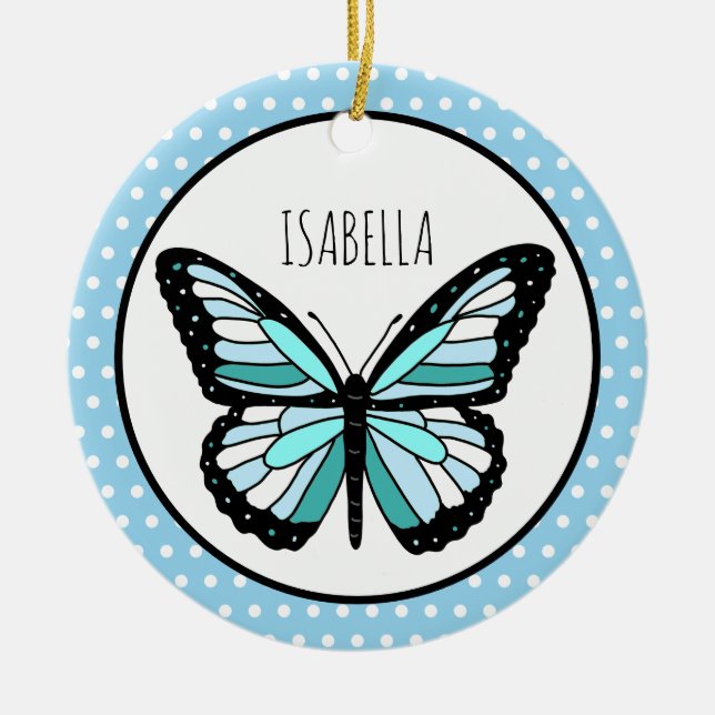 Blue Butterfly Polka Dot Personalized Christmas  Ceramic Ornament (Front)