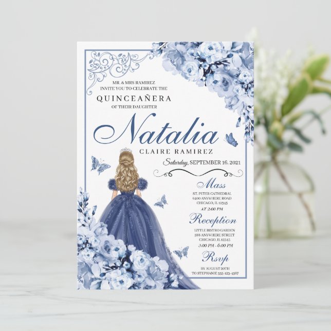 Blue Butterfly Princess Tiara Quinceañera Invitation (Standing Front)