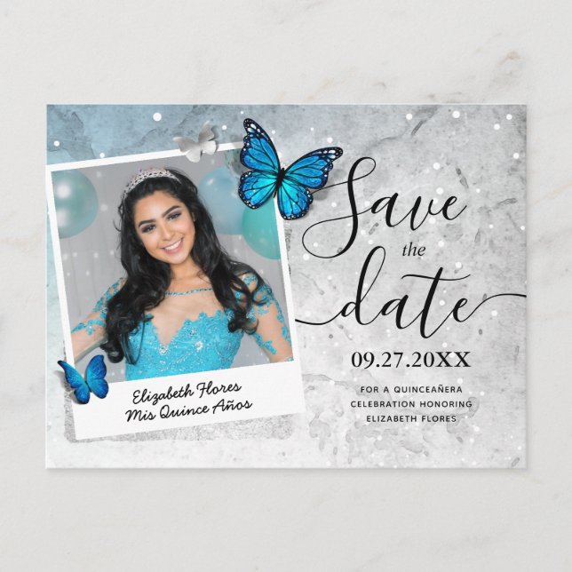 Blue Butterfly Quinceanera Photo Save the Date Announcement Postcard (Front)