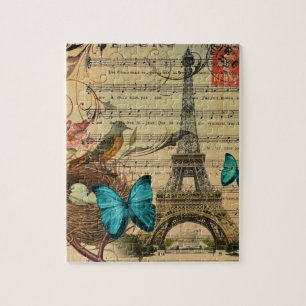 Blue butterfly Robin bird nest Paris Eiffel Tower Jigsaw Puzzle