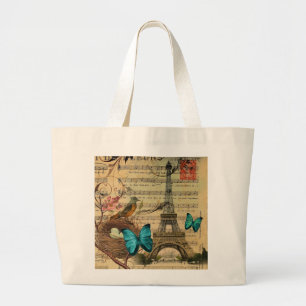 Blue butterfly Robin bird nest Paris Eiffel Tower Large Tote Bag