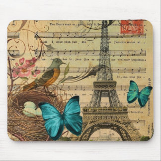 Blue butterfly Robin bird nest Paris Eiffel Tower Mouse Pad