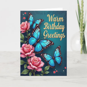 Blue Butterfly Rose Birthday Card