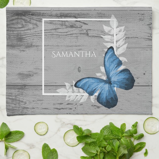 Blue Butterfly Rustic Kitchen Towel (Folded)