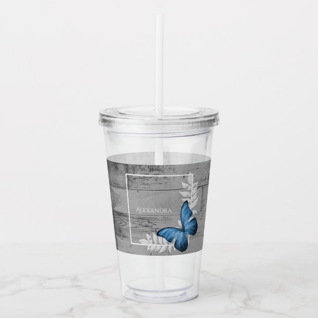 Blue Butterfly Rustic Personalized Acrylic Tumbler (Front)