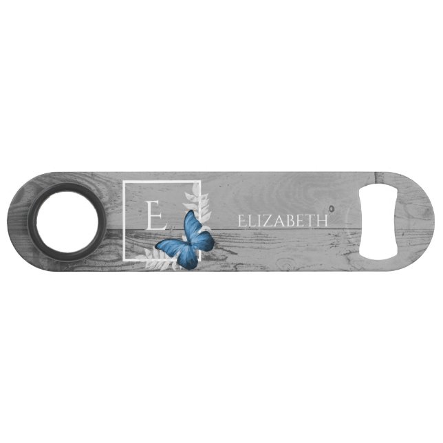 Blue Butterfly Rustic Personalized Bar Key (Front (Horizontal))