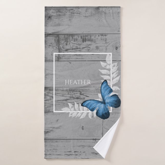 Blue Butterfly Rustic Personalized Bath Towel Set (Bath Towel)