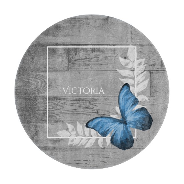 Blue Butterfly Rustic Personalized Cutting Board (Front)