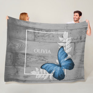 Blue Butterfly Rustic Personalized Fleece Blanket