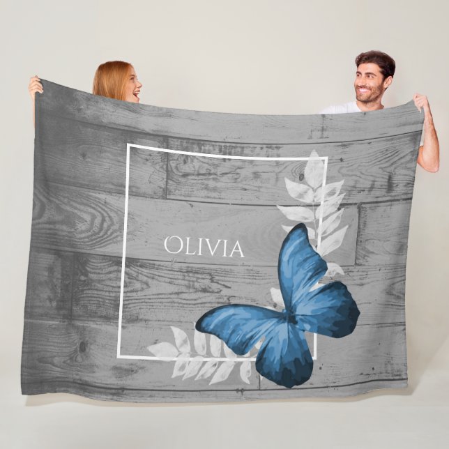 Blue Butterfly Rustic Personalized Fleece Blanket (In Situ)