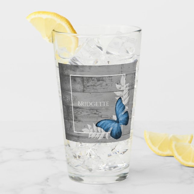 Blue Butterfly Rustic Personalized Glass (Front Ice)