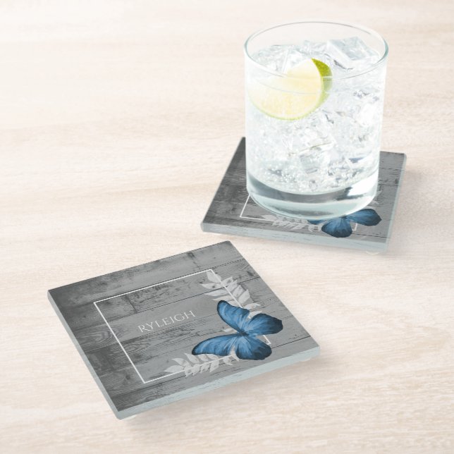 Blue Butterfly Rustic Personalized Glass Coaster (Angled)