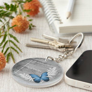 Blue Butterfly Rustic Personalized Keychain