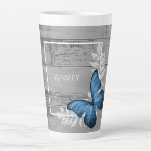 Blue Butterfly Rustic Personalized Latte Mug