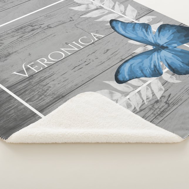 Blue Butterfly Rustic Personalized Sherpa Blanket (3/4)