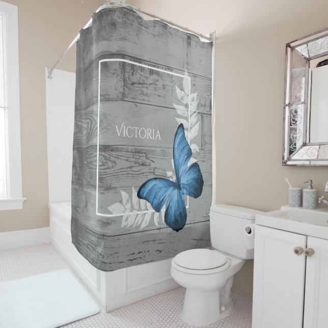 Blue Butterfly Rustic Personalized Shower Curtain (In Situ)