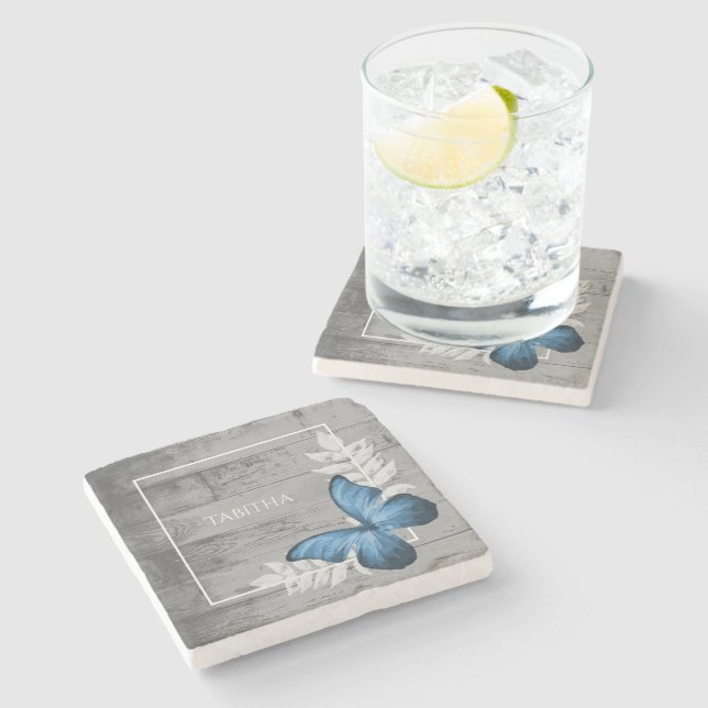 Blue Butterfly Rustic Personalized Stone Coaster (Side)