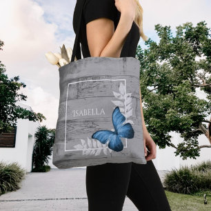 Blue Butterfly Rustic Personalized Tote Bag