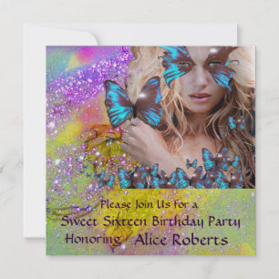 BLUE BUTTERFLY SWEET 16 PARTY  MONOGRAM,Champagne Invitation
