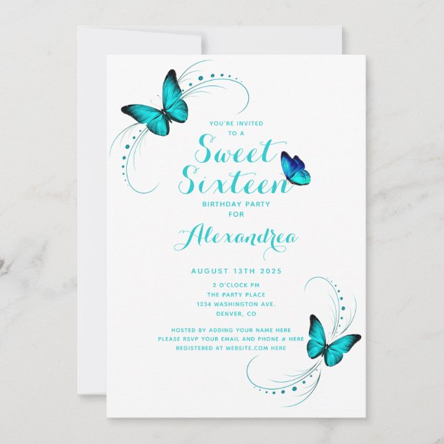 Blue Butterfly Sweet 16 Sixteen Birthday Invitation (Front)