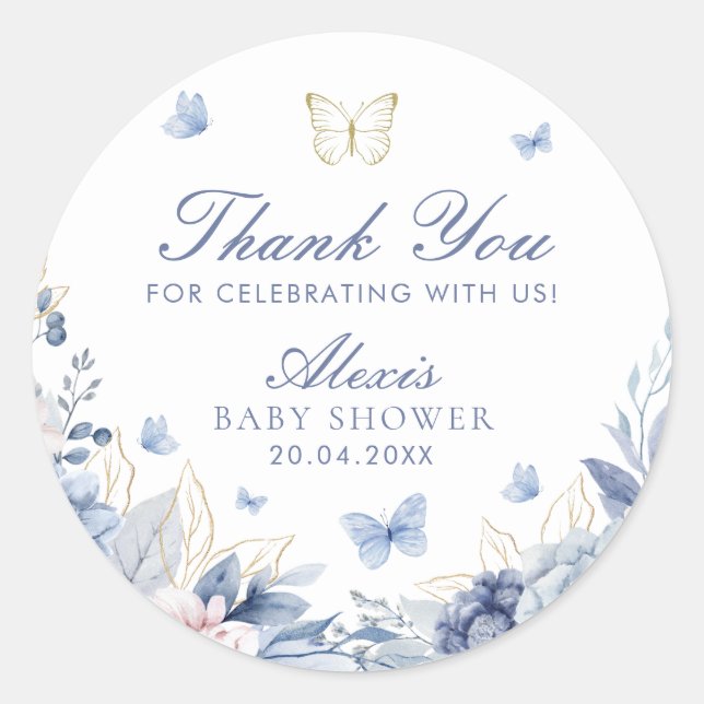 Blue Butterfly Thank You Boy Baby Shower Classic Round Sticker (Front)