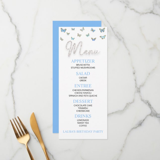 Blue Butterfly Themed Birthday Party Flat Menu (Front/Back In Situ)