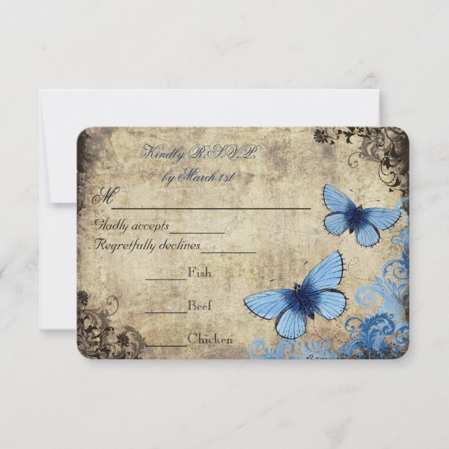 Blue Butterfly Vintage Wedding RSVP (Front)