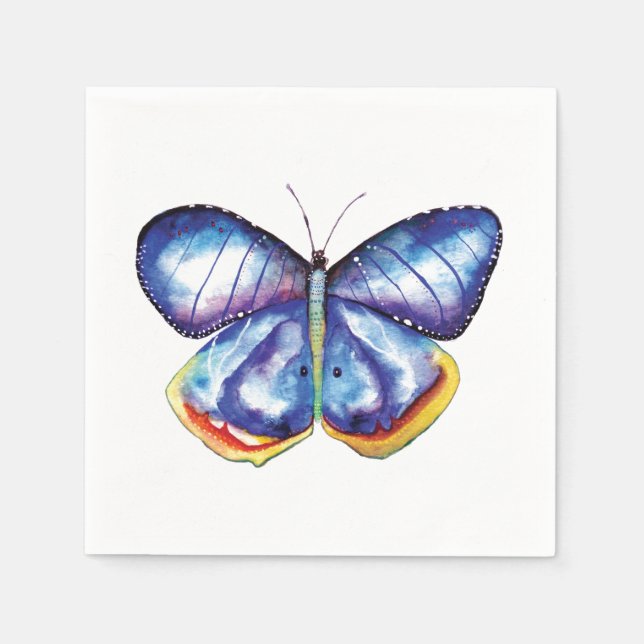 Blue Butterfly Watercolor Cocktail Paper Napkins (Front)