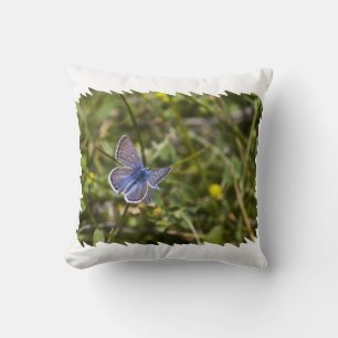 Blue Butterfly White Edge Throw Pillow