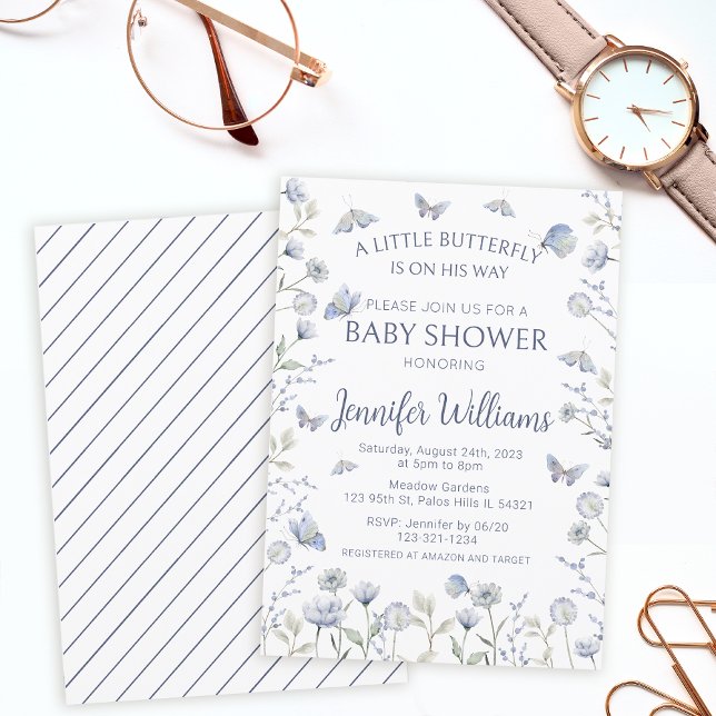 Blue butterfly wildflower its a boy baby shower invitation (Creator Uploaded)