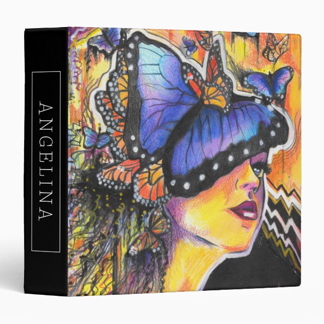 Blue Butterfly Wing Girl Abstract Pop Art Binder (Front/Spine)