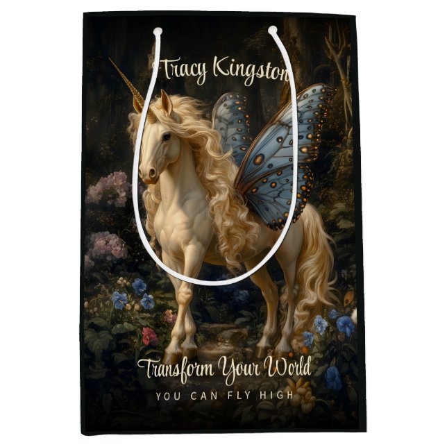 Blue Butterfly Winged Forest Unicorn Fantasy Magic Medium Gift Bag (Front)