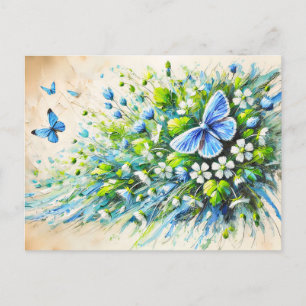 Blue Butterfly with Forget-Me-Not Flowers in Oil Postcard