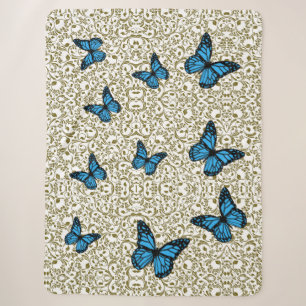 Blue Butterfly with Golden Leaves Sherpa Blanket