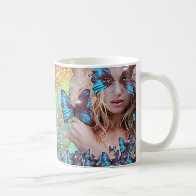 BLUE BUTTERFLY WITH GREEN GOLD SPARKLES COFFEE MUG (Right)