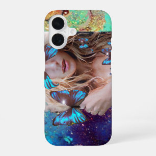 BLUE BUTTERFLY WITH GREEN GOLD SPARKLES iPhone 16 CASE