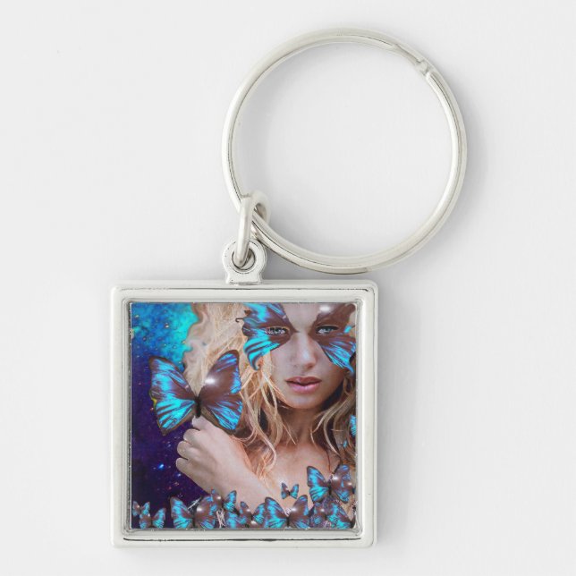 BLUE BUTTERFLY WITH GREEN GOLD SPARKLES KEYCHAIN (Front)