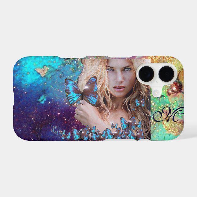 BLUE BUTTERFLY WITH GREEN GOLD SPARKLES MONOGRAM (Back (Horizontal))