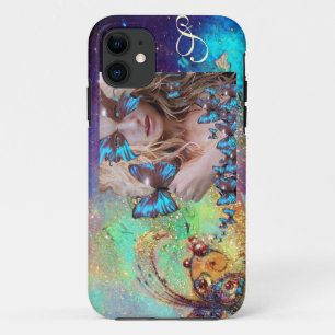 BLUE BUTTERFLY WITH GREEN GOLD SPARKLES MONOGRAM iPhone 11 CASE