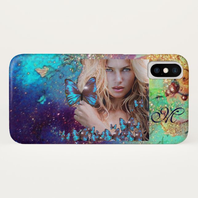 BLUE BUTTERFLY WITH GREEN GOLD SPARKLES MONOGRAM Case-Mate iPhone CASE (Back (Horizontal))