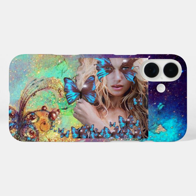 BLUE BUTTERFLY WITH GREEN GOLD SPARKLES MONOGRAM Case-Mate iPhone CASE (Back (Horizontal))