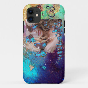 BLUE BUTTERFLY WITH GREEN GOLD SPARKLES MONOGRAM iPhone 11 CASE