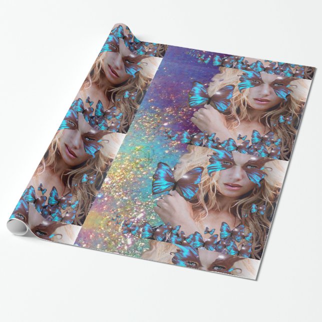 BLUE BUTTERFLY WITH GREEN GOLD SPARKLES WRAPPING PAPER (Unrolled)