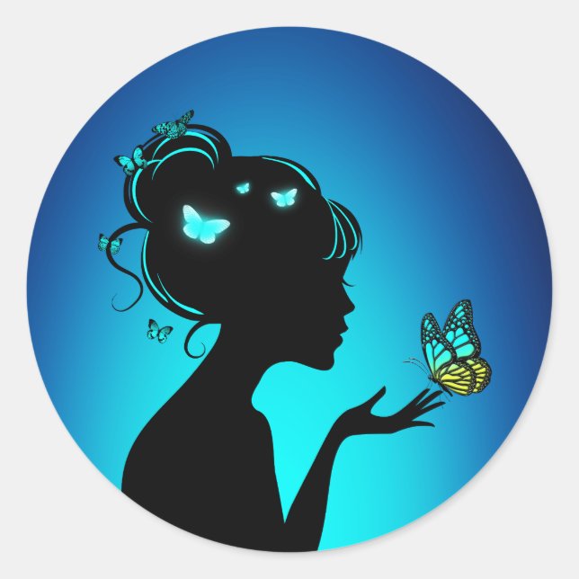 Blue Butterfly Woman Round Sticker (Front)